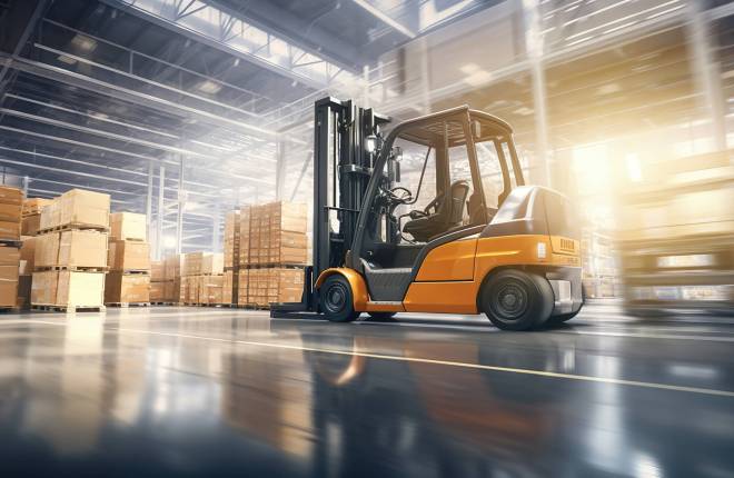 Forklifts in motion, moving and transferring goods within the warehouse